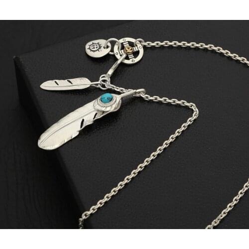 S925 Sterling Silver Jewelry Thai Silver Takahashi Goro Classic Feather Inlaid Turquoise Sweater Pendant