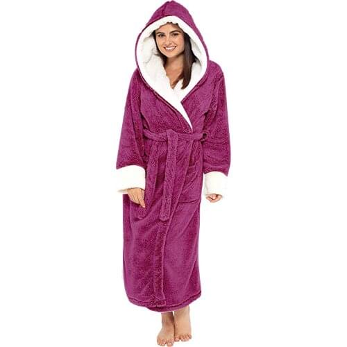 Womens Hooded Belt Robes Winter Warm Fleece Nightdress Sleepwear Female Home Pajamas Solid Velvet Dressing Gown Kimono Bathrobe