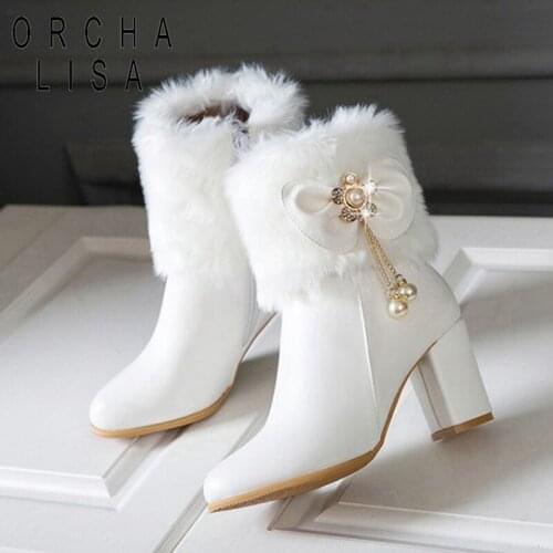 ORCHALISA Womens Ankle boots Tassel Bowtie Lovely Lolita Winter Fashion High Heel White Black Fur Ladies Party Wedding Shoes