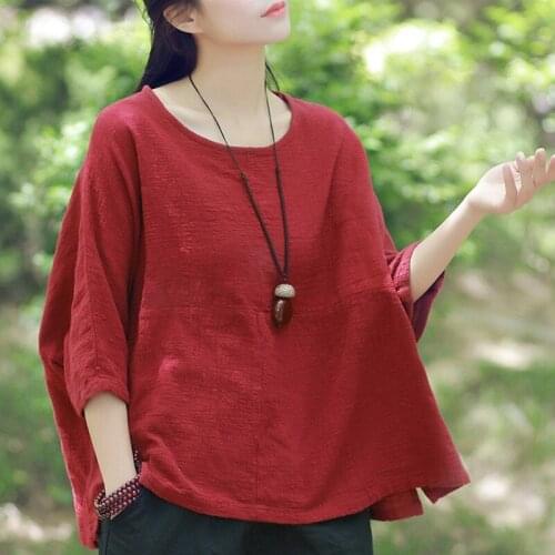 Women Summer Plus size Bat sleeves Cotton Linen Breathable Hedging t-shirts tees Loose Causal half sleeve flax tops T-shirts
