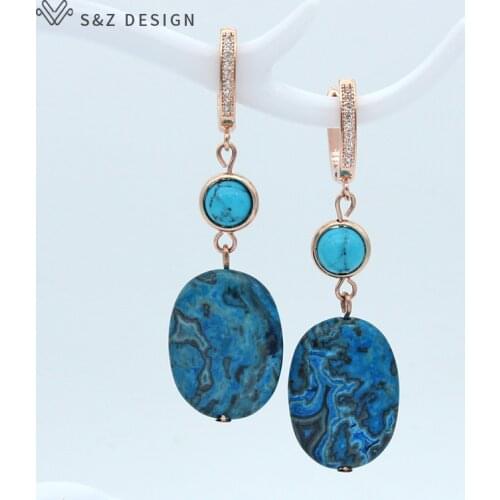 S&Z New Unique Square Blue Stone Dangle Earrings 585 Rose Gold Temperament Europe America Eardrop Women Fine Fashion Jewelry