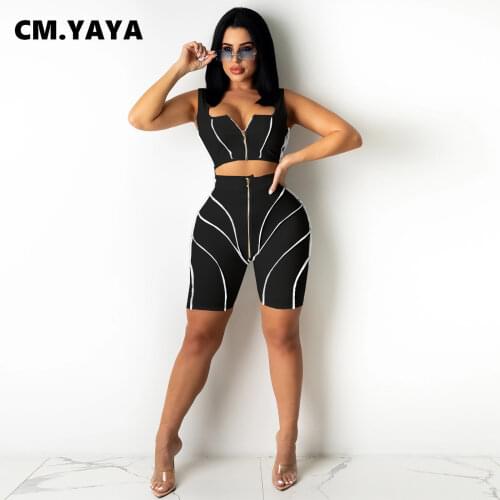 CM.YAYA Sport Moto Biker Womens Tracksuit Patchwork Shorts Set with Tank Tops Matching Two 2 Piece Set Outfits Active Sweatsuit