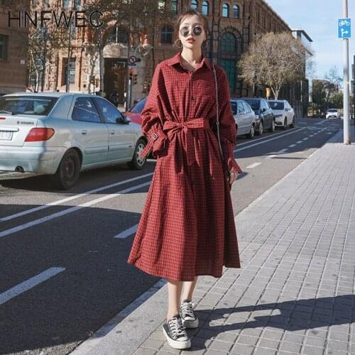 2020 autumn fit and flare waist plaid New Korean style turn-down collar buckle mid-calf shirt dress for women K533