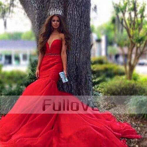 Luxury Red Beaded Sweetheart Evening Dress Long 2019 Crystal Mermaid Formal Prom Party Dresses Gown Robe De Soiree Abendkleider
