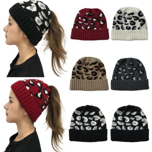 Winter 2020 knit warm Ponytail hat Leopard Warm womens beanies caps Adult Women Flanging woolen hats One size