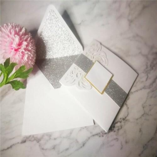 10 Pieces Tri-Fold Laser Cutout Openwork Flower Wedding Invitation Card Set Postcard White Bride And Groom