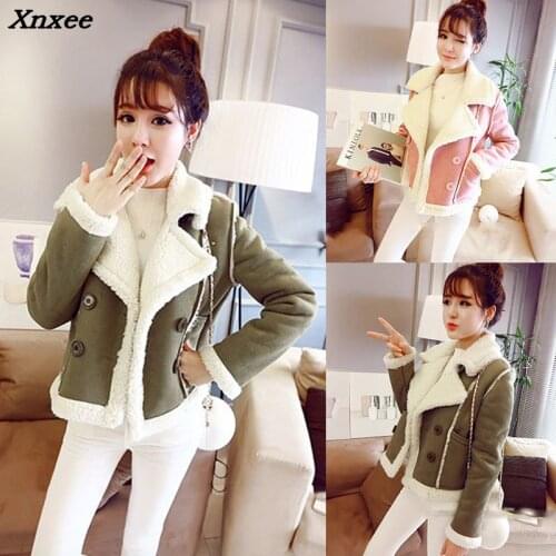 2018 Fashion Shearling Sheepskin Coats Women Thick Green kawaii Jackets Autumn Female Lambs Wool Short Motorcycle Outerwear