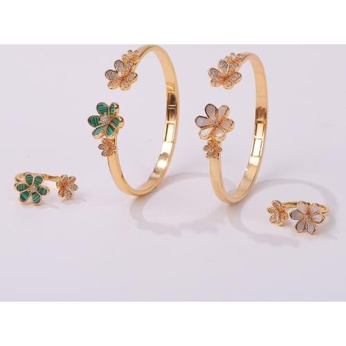 2021 Luxury Sweet 2PCS Flower Bangle Ring Set Fashion Boho Jewelry For Women Shell Malachite Zircon Engagement Cuff Bracelet
