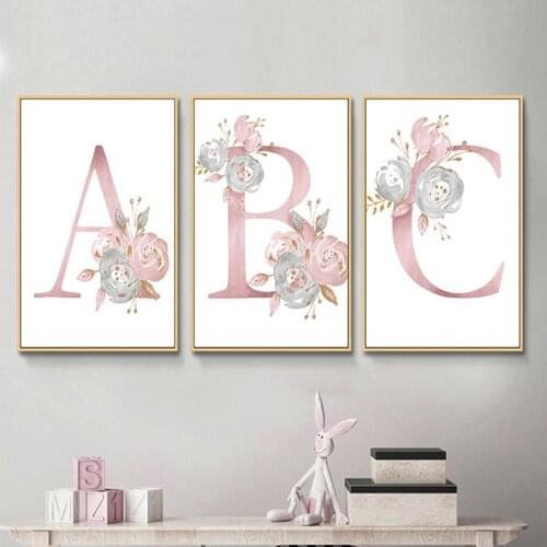 26 English Letters Custom Name Ins Pink Flowers Children Cartoon Bedroom Canvas Painting Baby Girl Room Decoration Living Room