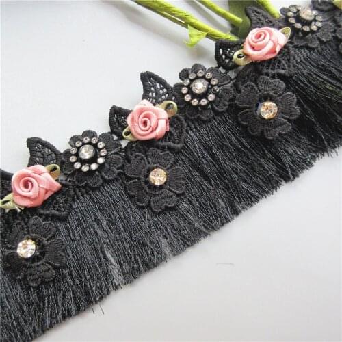 50cm/Lot Black Fringe Tassel Lace Trim Diamond Flower Embroidered Ribbon Fabric Sewing Craft Dress Garment Curtain Decoration
