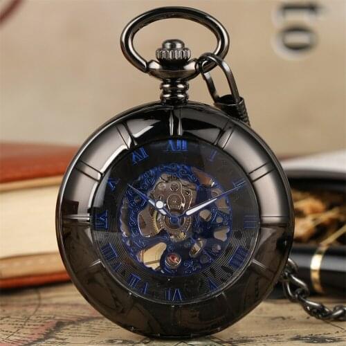 Exquisite Black Mechanical Hand Winding Pocket Watch Men Transparent Skeleton Blue Roman Numerals Thick Chain Pocket Clock