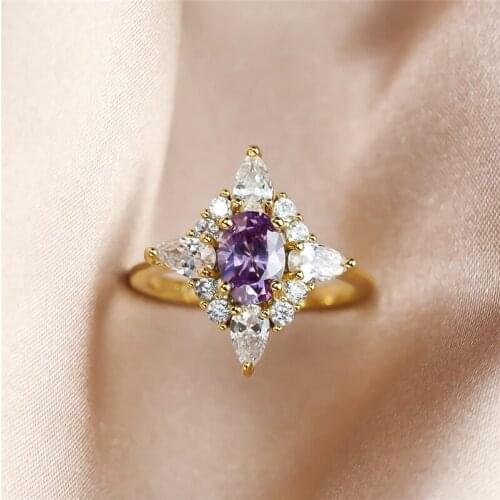 Elegant Female Purple Crystal Stone Ring Vintage Yellow Gold Color Wedding Rings For Women Luxury Small Oval Engagement Ring