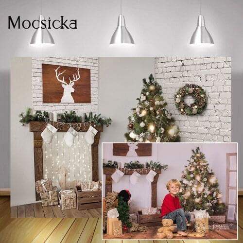 Fireplace Living Room Backdrop Christmas Tree Gift Sock Elk Photo Shoot Winter Birck Wall Merry Christmas Party Background Decor