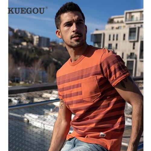 KUEGOU 100% Cotton Clothing Mens T-shirt Short Sleeve Fashion Striped pocket Tshirt Summer Tee High Quality Top Plus Size 90071