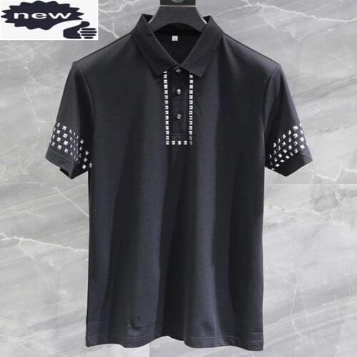 Gothic Mens T-Shirt Fashion Rivets Short Sleeve Turn-Down Collar Solid Color Slim Fit Pullover Tees Casual T-Shirts Black Tops