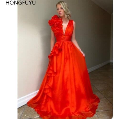 HONGFUYU A-line abiti da sera Prom Party Gowns 2020 Deep V-neck Ruffled Shoulder Evening Dresses vestidos do baile de finalistas