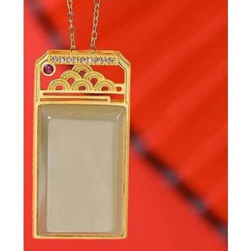 Original new ancient gold craft hollow inlaid rectangular natural Hetian jade necklace pendant Chinese style jewelry