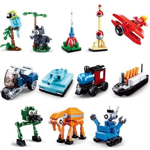 Mini Creative Tank Steamship Aircraft Motorcycle Train Animal Variety Model Building Blocks Bricks Classic Sets Kit Kids Toys