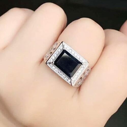 Per jewelry Men ring Natural black sapphire rectangle rings Free shipping 8*10mm 3.5ct gemstone 925 sterling silver Q205810