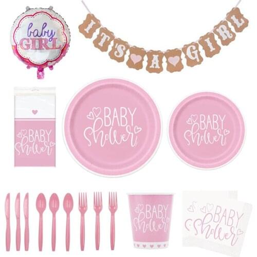 Pink Baby Shower Disposable Tableware Set Baby Girl Birthday Party Set Balloon Banner Spoon Napkins Birthday Party Supply
