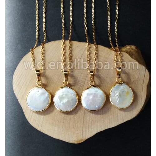 WT-N507 Charming necklace Natural freshwater pearl raw round pearl with 24k gold trim in high qulaity fashion pendant jewelry