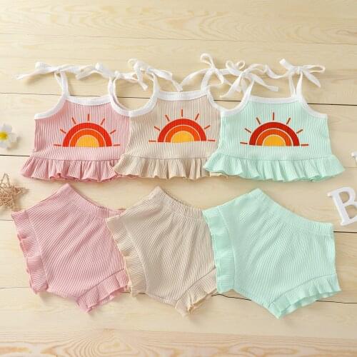 0-4Y Fashion Toddler Baby Girls Clothing Sets Kids Girls Sun Printed Suspender Tops+Casual Shorts Tracksuits Outfits