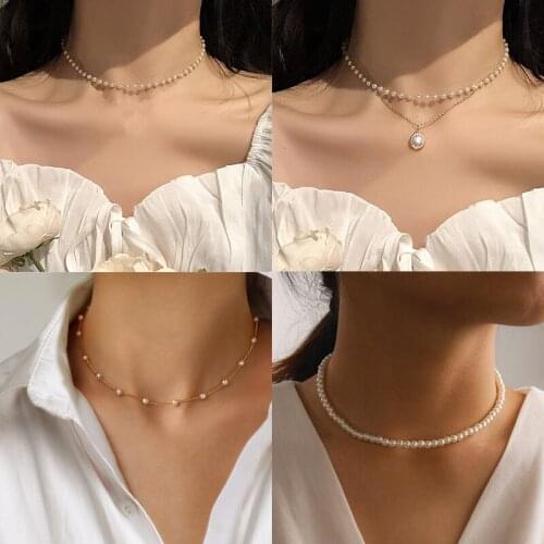 New Beads Womens Neck Chain Pearl Choker Necklace Gold Color Goth Chocker Jewelry On The Neck Pendant Collar For Girl Gifts