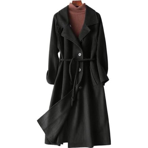 Genuine Blended Wool Fur Coat With Belt Autumn Women X-Long Outwear Suit LF21040HH