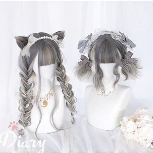 Daily Harajuku lolita wig cat diary cat ear silver gradient long curly sweet cute student girl women wig Gray maroon brown