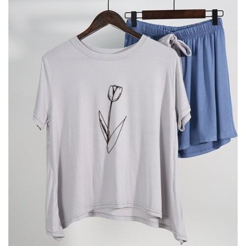 Flower Print Pajamas Suit Cotton Two Piece Set Summer Short Sleeve Viscose Trousers Thin Loose Tops Women Home Service Pajama