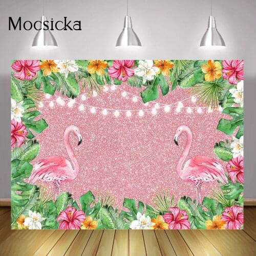 Glitter Rose Gold Flamingo Backdrop Happy Birthday Party Background Decoration Aloha Green Leaves Flowers Photography Props