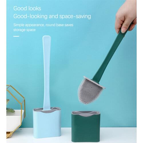 Toilet Brush Water Leak Proof With Base Silicone Wc Flat Head Flexible Soft Bristles Brush Long Handle Cleaning Brush For WC
