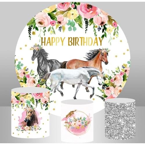 Horse theme Circle Round Backdrop Watercolor Flowers Dots Girls Birthday Party Background Decor Cake Table Banner Plinth Cover