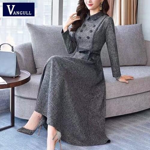 Vangull Solid Big Swing Women Dress 2021 Autumn New Fasgion Long Sleeve Pullover Dress Belt Button Turn-down Female A-Line Dress