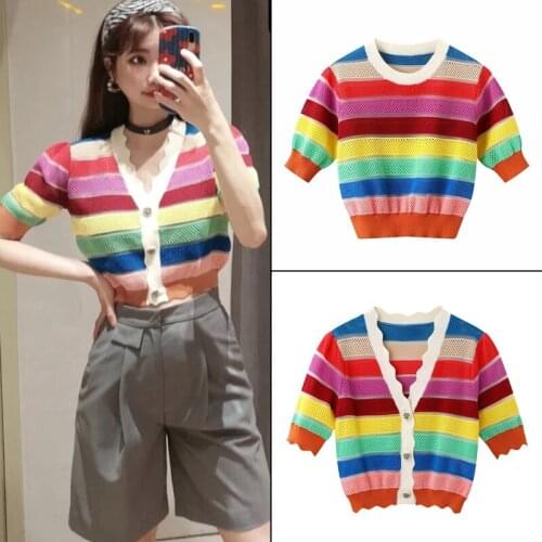 Rainbow Striped Shirt Women 2021 Summer Ladies Crop Tops Women V Neck Button Up Shirt Elegant Sweater Shirt Tops Mujer