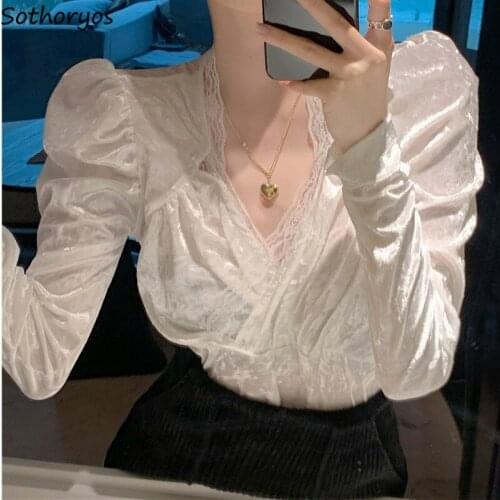 Women Blouses Elegant Female Shirts Lace V-neck Office Lady Tops Loose Solid Long Sleeve Korean Style Fashion Ulzzang Chic Retro