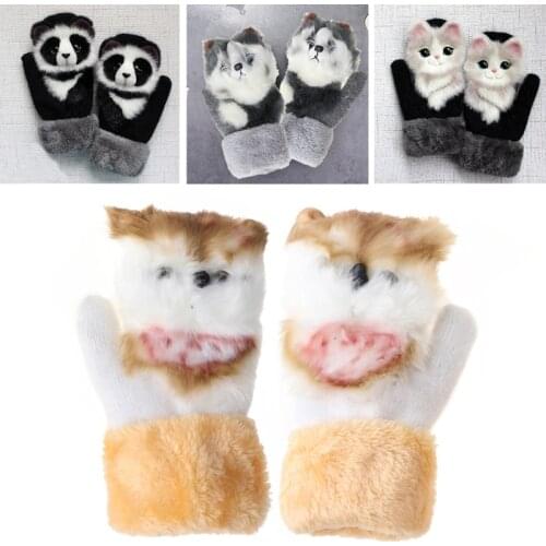 Women Men Winter Knitted Gloves Cute 3D Fluffy Cartoon Animal Thermal Mittens X7JB