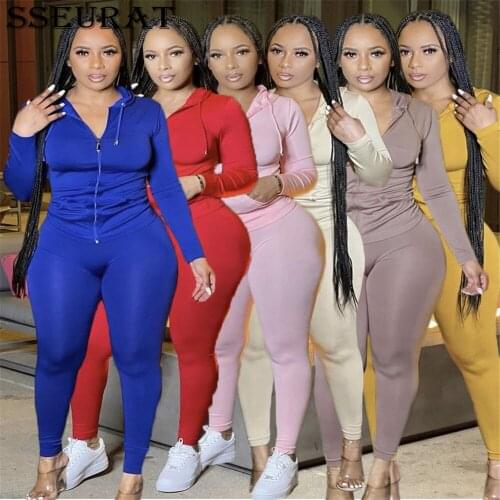 SSEURAT Womens Set Solid Hooded Jacket Legging Pants Matching Set Tracksuit Fitness Two 2Piece Set Outfit