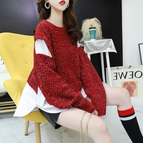 2020 Autumn New Round Neck Stitching Fake Two-piece Thick Line Lazy Pullover Sweater Women Loose Retro Jacket