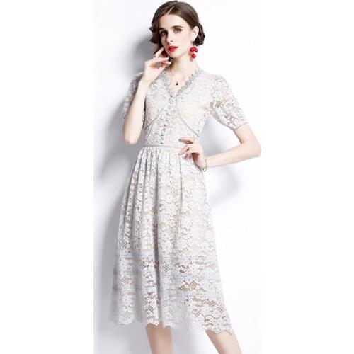 New Summer Lace Dress Women Sexy V-Neck Hollow Out Flowers Embroidery Puff Sleeve High Waist Midi Dress k6771