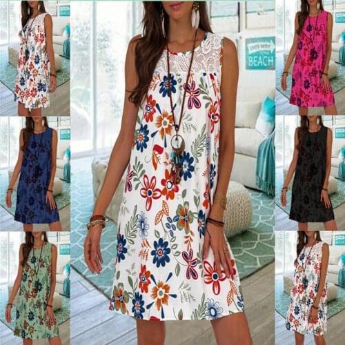 2021 Summer New Vintage Sleeveless Lace O-Neck Floral Dress For Women Loose Print Plus Size Dress vestido