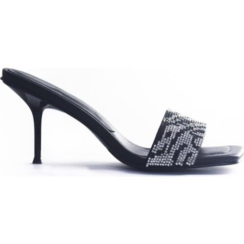 2021 Women Fashion Slides High Heels Square Toe Sexy Wedding Party Nighclub Sandals Crystal Band Mothers Day Gift Slippers Shoe