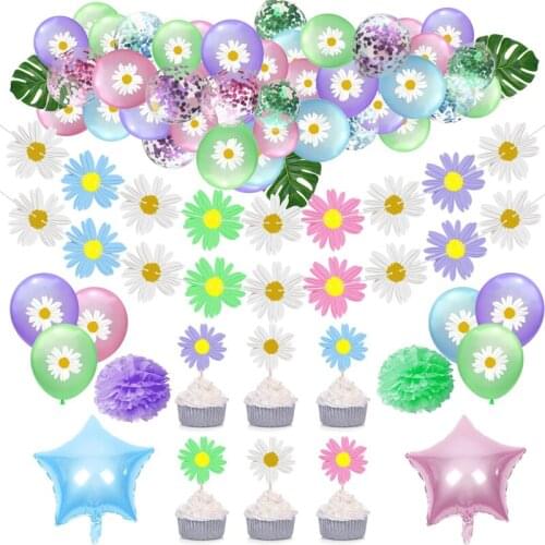 77pcs Flower Daisy Balloons Banner Cake Stick DIY Latex Confetti Ballons Set Kids Birthday Wedding Summer Hawaii Party Decor