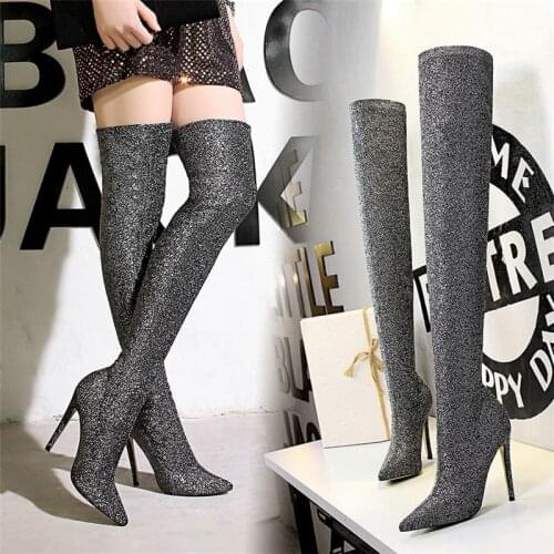 BIGTREE 2019 Sexy Fashion Long Stocking Boots Winter Concise Sequined Women High Stiletto Heel Above Knee Club Party Thigh Boot