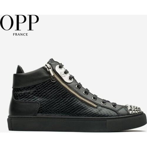 OPP Snakeskin Punk Men Shoes Metal Rivet Shoes Men Hop Hip High Top Men Boots Genuine Leather Zipper Shoes Ankle Boots For Men