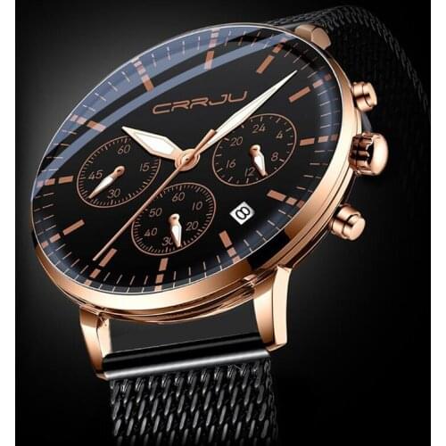 CRRJU Fashion Mens Watches Black Waterproof Top Brand Luxury Chronograph Sport Watch Quartz Men Wristwatch Relogio Masculino