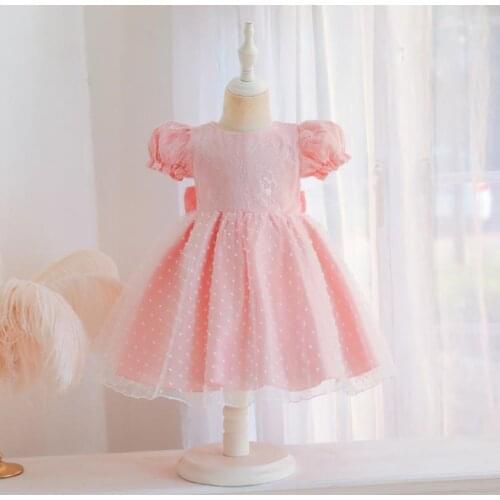 2021 Baby Summer Princess Dress Lace Bubble Sleeve Back Zipper Party Formal Dress with Big Bowknot for Toddlers Girls 0-4 Years