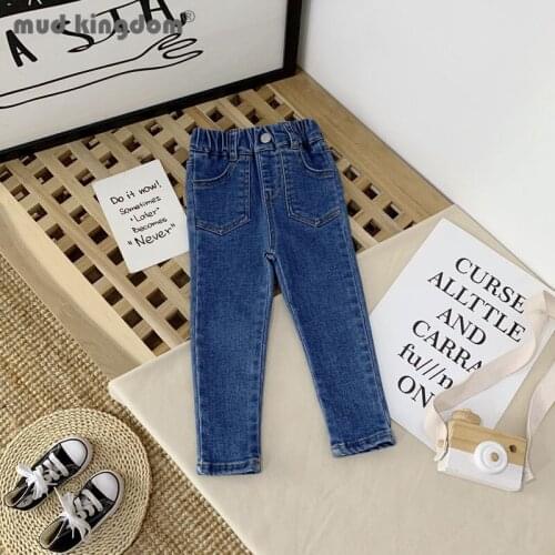 Mudkingdom Little Girl Slim Jeans Solid Slant Pocket Elastic Waist Denim Pants Toddler Spring Autumn Fashion Children Clothing