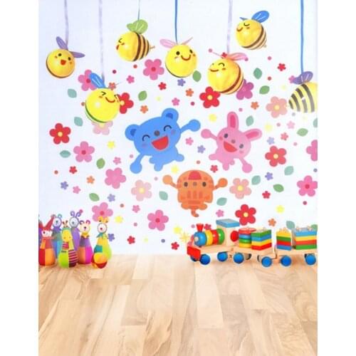 Wooden Floor Cartoon Train Bee for Children Photography Backdrops Photo Props Studio Background 5x7ft