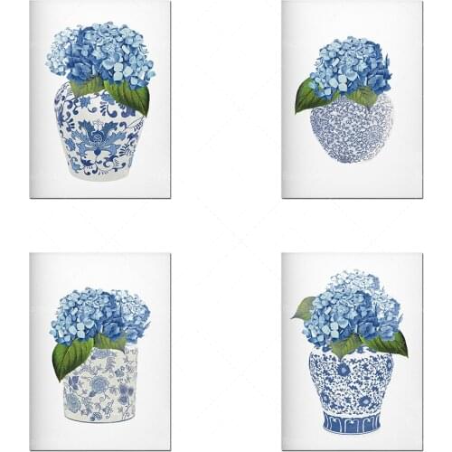Blue Hydrangea Botanical Prints, vintage Floral, Coastal Decor Set, Preppy Floral Wall Art, Farmhouse Style, Chinoiserie Chic, V